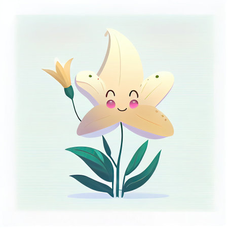 cute lily flower cartoon character waving hello to everyone, cartoon style, modern simple illustrationの写真素材