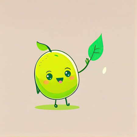 cute lime cartoon character waving hello to everyone, cartoon style, modern simple illustrationの写真素材