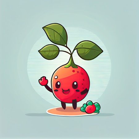 cute lingonberry cartoon character waving hello to everyone, cartoon style, modern simple illustrationの写真素材