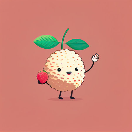 cute lychee cartoon character waving hello to everyone, cartoon style, modern simple illustrationの写真素材