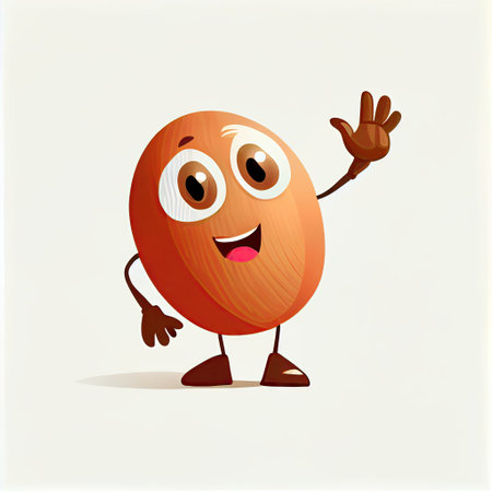 cute nutmeg cartoon character waving hello to everyone, cartoon style, modern simple illustrationの写真素材
