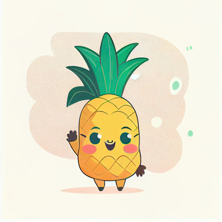 cute pineapple cartoon character waving hello to everyone, cartoon style, modern simple illustrationの写真素材