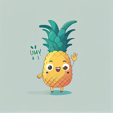 cute pineapple cartoon character waving hello to everyone, cartoon style, modern simple illustrationの写真素材