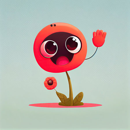 cute poppy flower cartoon character waving hello to everyone, cartoon style, modern simple illustrationの写真素材