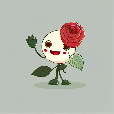 cute rose flower cartoon character waving hello to everyone, cartoon style, modern simple illustrationの写真素材