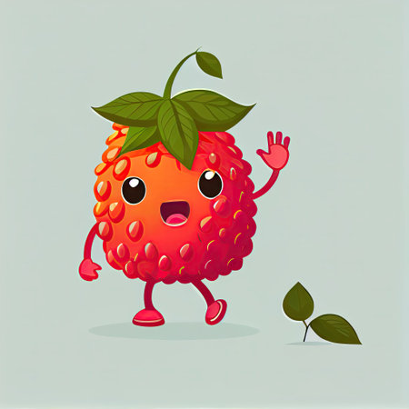 cute salmonberry cartoon character waving hello to everyone, cartoon style, modern simple illustrationの写真素材