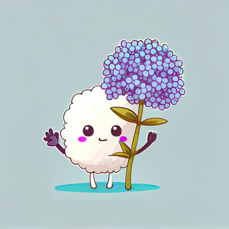 cute statice flower cartoon character waving hello to everyone, cartoon style, modern simple illustrationの写真素材