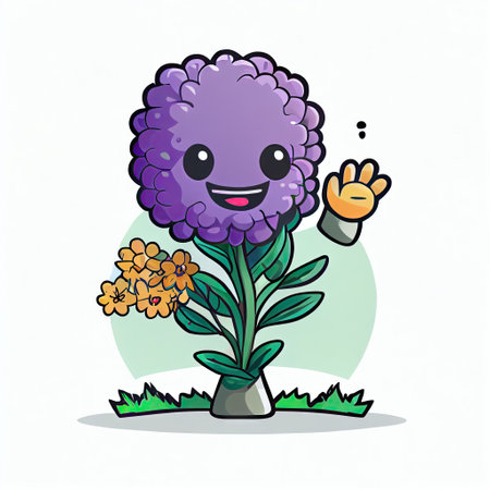 cute statice flower cartoon character waving hello to everyone, cartoon style, modern simple illustrationの写真素材