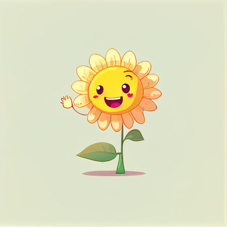 cute sun flower cartoon character waving hello to everyone, cartoon style, modern simple illustrationの写真素材