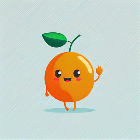 cute tangerine cartoon character waving hello to everyone, cartoon style, modern simple illustrationの写真素材