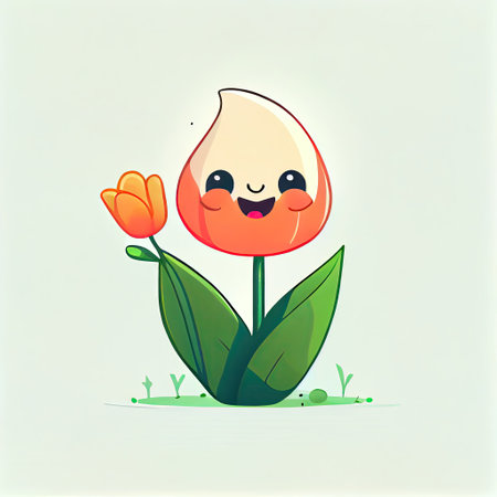 cute tulip flower cartoon character waving hello to everyone, cartoon style, modern simple illustrationの写真素材