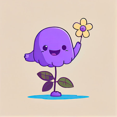 cute violet flower cartoon character waving hello to everyone, cartoon style, modern simple illustrationの写真素材