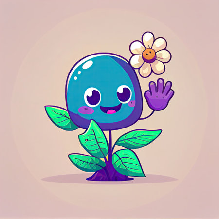 cute violet flower cartoon character waving hello to everyone, cartoon style, modern simple illustrationの写真素材
