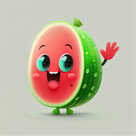 cute watermelon cartoon character waving hello to everyone, cartoon style, modern simple illustrationの写真素材