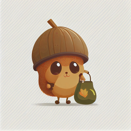 cute acorn cartoon character with a bag, cartoon style, modern simple illustrationの写真素材
