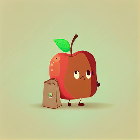 cute apple cartoon character with a bag, cartoon style, modern simple illustrationの写真素材