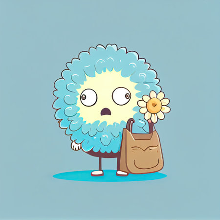 cute aster flower cartoon character with a bag, cartoon style, modern simple illustrationの写真素材