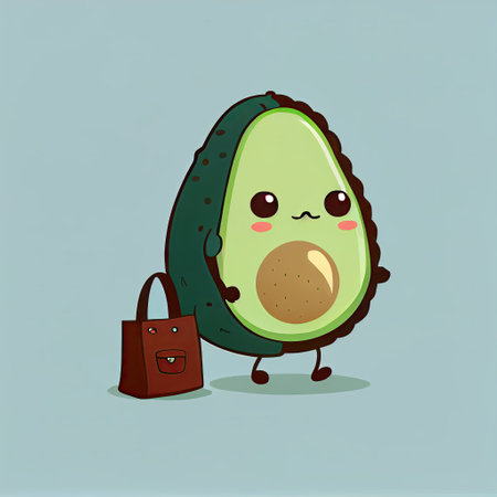 cute avocado cartoon character with a bag, cartoon style, modern simple illustrationの写真素材