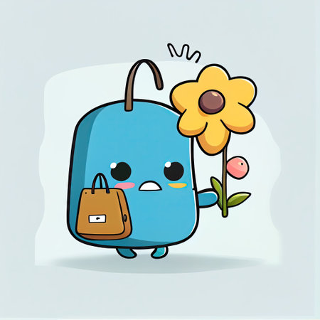 cute bell flower cartoon character with a bag, cartoon style, modern simple illustrationの写真素材
