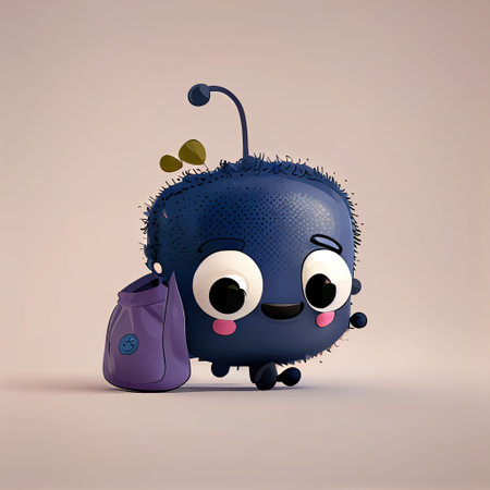 cute bilberry cartoon character with a bag, cartoon style, modern simple illustrationの写真素材