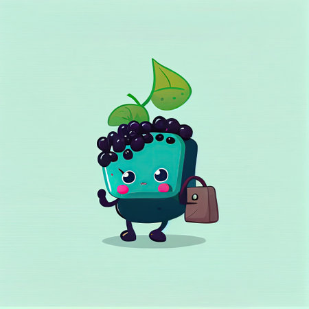 cute blackchokeberry cartoon character with a bag, cartoon style, modern simple illustrationの写真素材