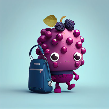 cute boysenberry cartoon character with a bag, cartoon style, modern simple illustrationの写真素材