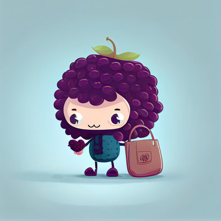 cute boysenberry cartoon character with a bag, cartoon style, modern simple illustrationの写真素材