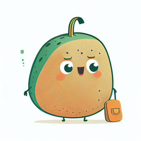 cute cantaloupe cartoon character with a bag, cartoon style, modern simple illustrationの写真素材