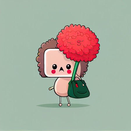 cute carnation flower cartoon character with a bag, cartoon style, modern simple illustrationの写真素材