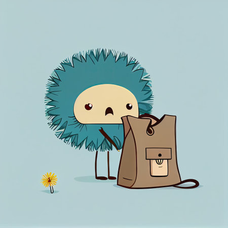 cute dandelion flower cartoon character with a bag, cartoon style, modern simple illustrationの写真素材