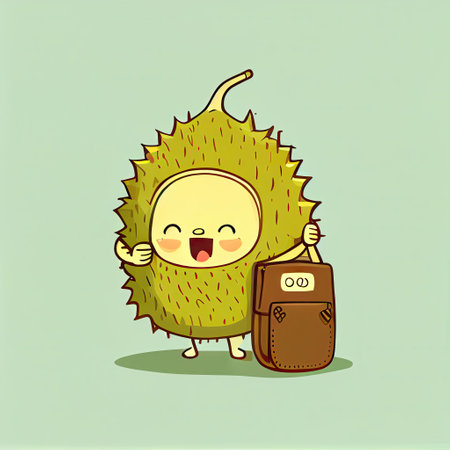 cute durian cartoon character with a bag, cartoon style, modern simple illustrationの写真素材