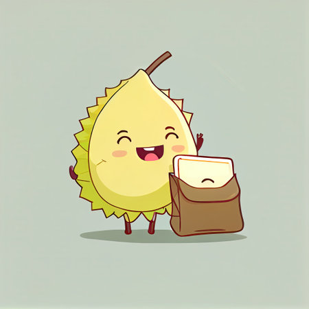 cute durian cartoon character with a bag, cartoon style, modern simple illustrationの写真素材