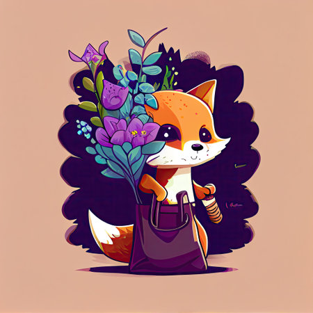 cute foxglove flower cartoon character with a bag, cartoon style, modern simple illustrationの写真素材