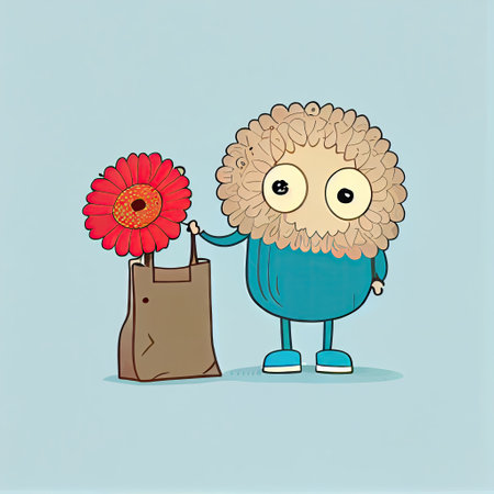 cute gerbera flower cartoon character with a bag, cartoon style, modern simple illustrationの写真素材