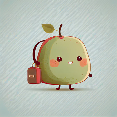 cute guava cartoon character with a bag, cartoon style, modern simple illustrationの写真素材