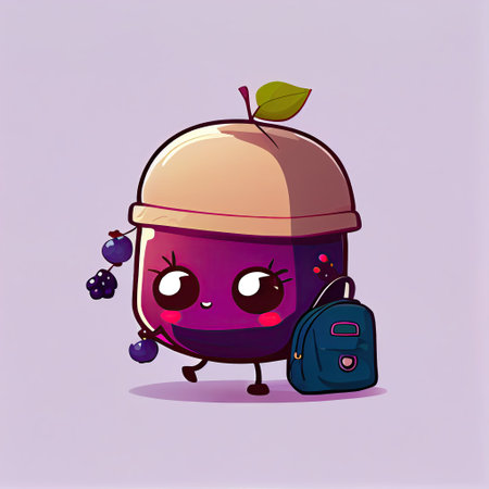 cute huckleberry cartoon character with a bag, cartoon style, modern simple illustrationの写真素材
