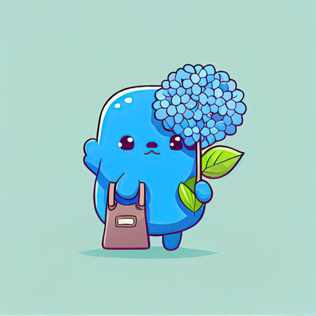 cute hydrangea flower cartoon character with a bag, cartoon style, modern simple illustrationの写真素材