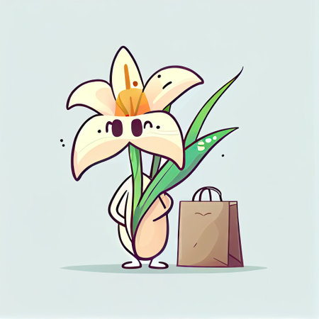 cute lily flower cartoon character with a bag, cartoon style, modern simple illustrationの写真素材