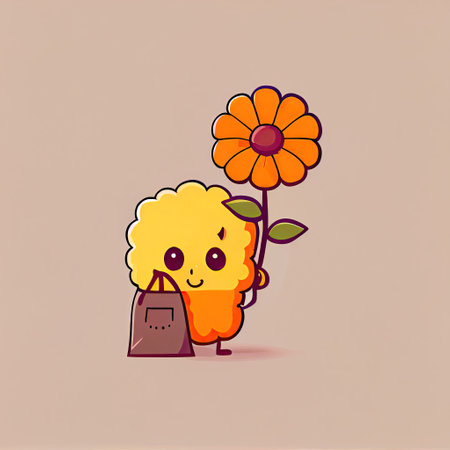 cute marigold flower cartoon character with a bag, cartoon style, modern simple illustrationの写真素材