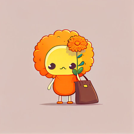 cute marigold flower cartoon character with a bag, cartoon style, modern simple illustrationの写真素材