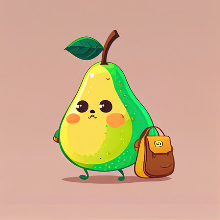cute pear cartoon character with a bag, cartoon style, modern simple illustrationの写真素材