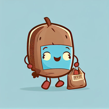 cute pecan cartoon character with a bag, cartoon style, modern simple illustrationの写真素材