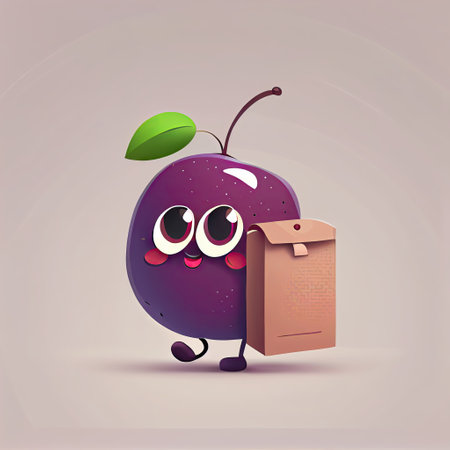 cute plum cartoon character with a bag, cartoon style, modern simple illustrationの写真素材