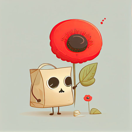 cute poppy flower cartoon character with a bag, cartoon style, modern simple illustrationの写真素材
