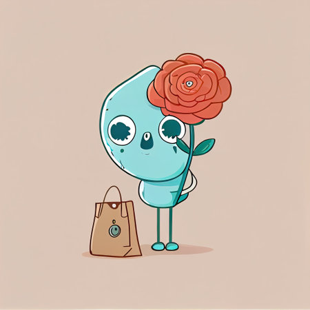 cute rose flower cartoon character with a bag, cartoon style, modern simple illustrationの写真素材