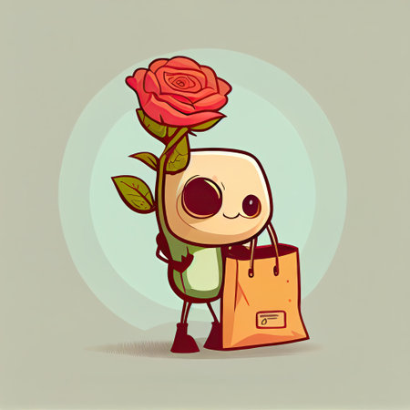 cute rose flower cartoon character with a bag, cartoon style, modern simple illustrationの写真素材