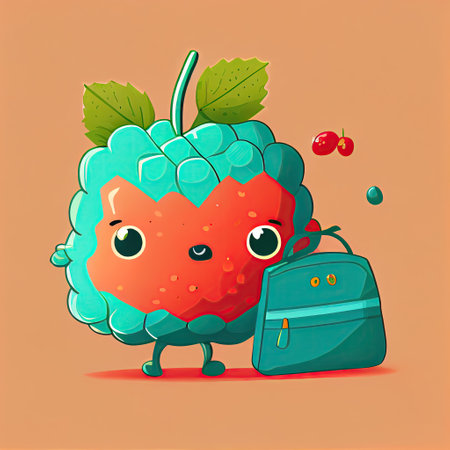 cute salmonberry cartoon character with a bag, cartoon style, modern simple illustrationの写真素材