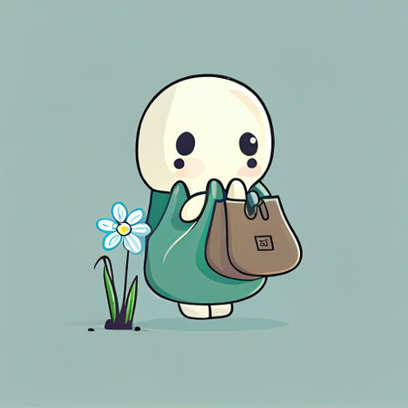 cute snowdrop flower cartoon character with a bag, cartoon style, modern simple illustrationの写真素材