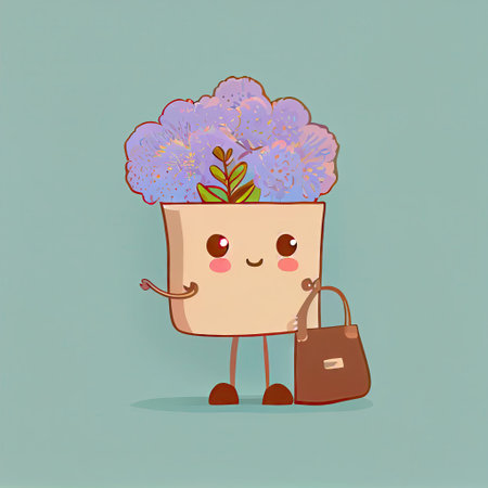 cute statice flower cartoon character with a bag, cartoon style, modern simple illustrationの写真素材