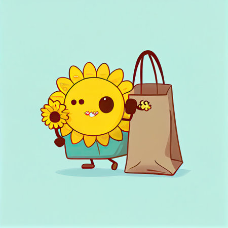 cute sun flower cartoon character with a bag, cartoon style, modern simple illustrationの写真素材